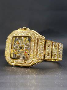 冰鎮男士奢華防水時尚石英手錶帶水鑽和鏤空設計 - 金色 - 查看 3
