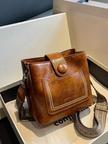 New Autumn And Winter Fashionable And Versatile Retro Style Crossbody Bag Solid Color Letter Adjustable Shoulder Strap Shoulder Bag Casual Simple Bucket Bag Suitable For Commuting To Work, Shopping And Dating., Perfect For Rodeo Occasion, Vintage Bag For Women