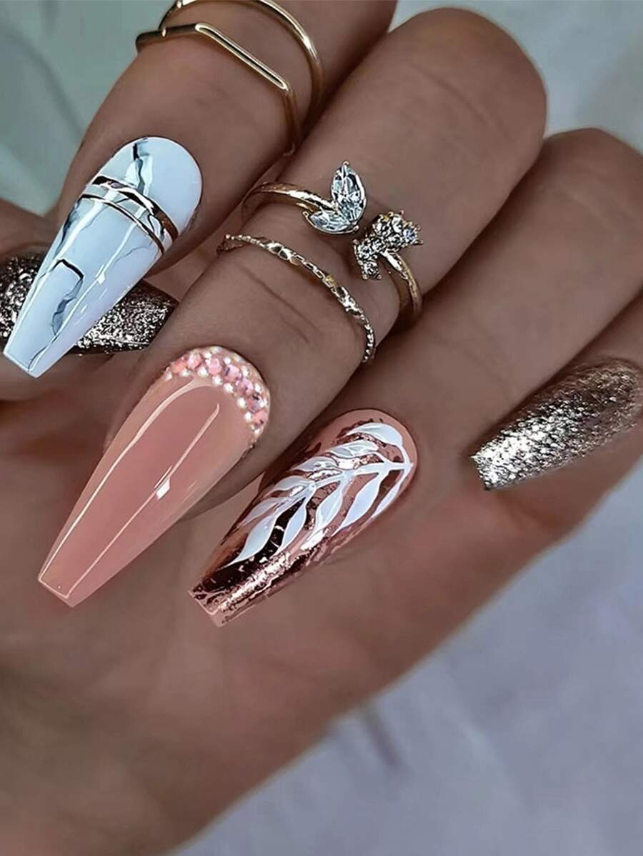 24入組香檳金蔥和水鑽裝飾棺材形假指甲，長，指尖美甲套裝 - 彩色 - 查看 1