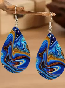 1pair Double-sided Printed Wooden Droplet Shaped Ear Drop Earrings, Suitable For Women's Daily Wear - Navy Blue - View 1
