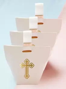 精緻而:金箔十字糖果盒 10 件套 |白色帶絲帶和金屬扣|婚禮禮物與洗禮儀式的理想選擇 - 白色 - 查看 1