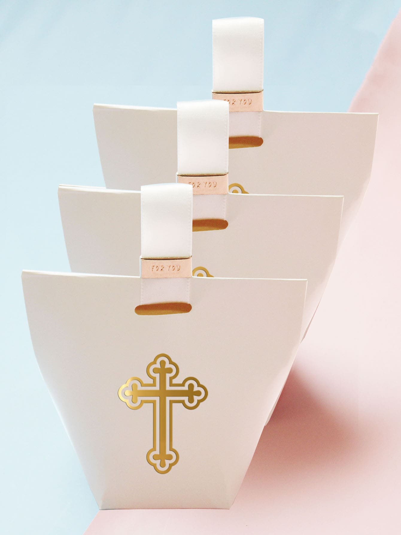 精緻而:金箔十字糖果盒 10 件套 |白色帶絲帶和金屬扣|婚禮禮物與洗禮儀式的理想選擇 - 白色 - 查看 1