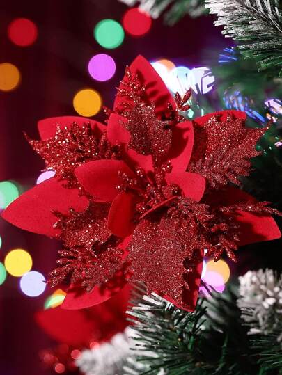 5 unidades/pacote de decorações de flores artificiais vermelhas de Natal com glitter para guirlanda, guirlanda, decoração de festa