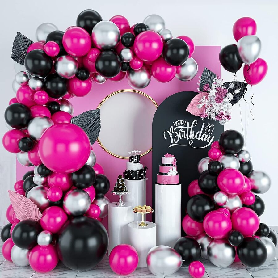 129pcs Pink Balloon Arch Garland Kit With Metallic Silver Balloons, Pink&black Balloon Flower Garland Kit, Latex Party Balloons For Baby Shower, Engagement, Wedding And Diy Party Decoration Supplies - Multicolor - View 1