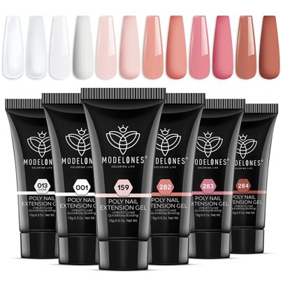 MODELONES Modelones Polygel Set mit 6 Farben Nude Klar Weiß Rosa Poly Gel Nägel Selber Set Quick Extension Building Acrylgel für Starter Nail Art Nageldesign Selber Machen