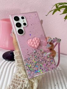 Sequins Pink 1pc Pink Anti-Fall Starry Sky Flash Powder Tpu Dripping Glue Case With Diy Grid Pattern, Heart-Shaped Braided Flower Rope For Women's Apple/Android Phone Protection Kawaii,International Version, Not The Domestic Version - Pink - View 7