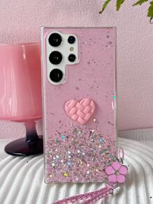 Sequins Pink 1pc Pink Anti-Fall Starry Sky Flash Powder Tpu Dripping Glue Case With Diy Grid Pattern, Heart-Shaped Braided Flower Rope For Women's Apple/Android Phone Protection Kawaii,International Version, Not The Domestic Version - Pink - View 5