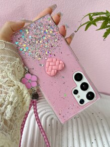 Sequins Pink 1pc Pink Anti-Fall Starry Sky Flash Powder Tpu Dripping Glue Case With Diy Grid Pattern, Heart-Shaped Braided Flower Rope For Women's Apple/Android Phone Protection Kawaii,International Version, Not The Domestic Version - Pink - View 6