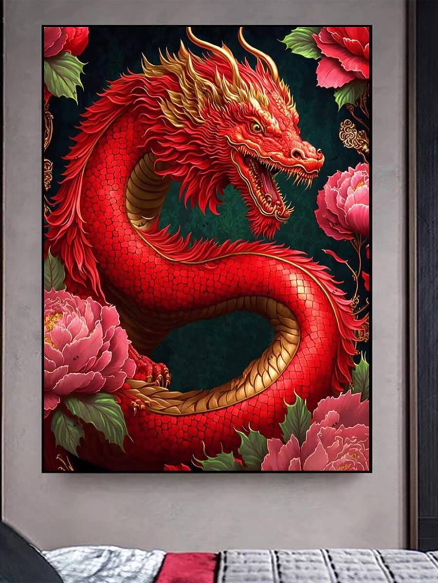 牡丹紅龍鑽石畫藝術,中國風鑲嵌畫,家居裝飾