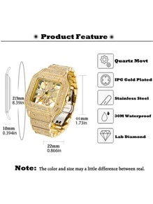 冰鎮男士奢華防水時尚石英手錶帶水鑽和鏤空設計 - 金色 - 查看 6