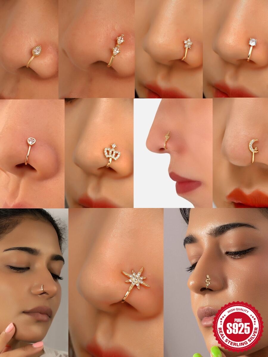 1入組女款蛇冠925純銀復古鼻針配18k鍍金,日常佩戴和萬聖節完美搭配