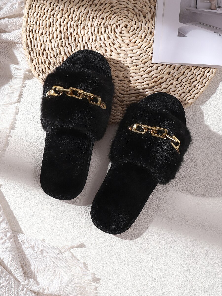 Zapatillas Esponjosas Para Mujer Con Diseño De Hebilla Con Cadena, Zapato De Hogar Cómodo De Color Sólido De Felpa Con Punta Abierta, Cálido Y Acogedor Pantufla Para Dormitorio - Negro - Ver 1