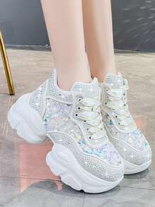 女性老爹鞋帶水鑽和亮片裝飾,防水台和防水鞋底,時尚素色PU皮革厚鞋底鞋 - 白色 - 查看 2