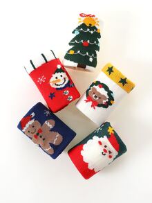 5入組/對兒童卡通快樂聖誕中筒襪子 - 彩色 - 查看 6