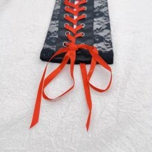 1雙女性黑色蕾絲手套帶紅色的緞帶,性感,觸摸屏,半指,合適的適合婚禮,禮儀,摩托車 - 紅色 - 查看 3