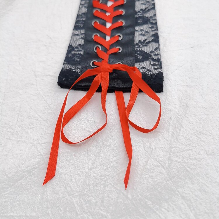 1雙女性黑色蕾絲手套帶紅色的緞帶,性感,觸摸屏,半指,合適的適合婚禮,禮儀,摩托車 - 紅色 - 查看 3