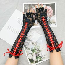 1雙女性黑色蕾絲手套帶紅色的緞帶,性感,觸摸屏,半指,合適的適合婚禮,禮儀,摩托車 - 紅色 - 查看 2