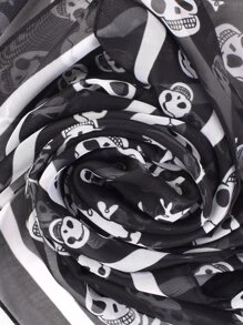 Street品牌1入組女士經典海盜骷髏圖案雪紡長絲巾 - 黑色 - 查看 6