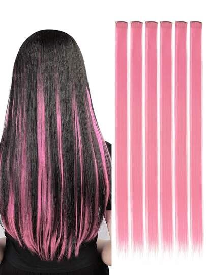 Synthetic Hair Extensions Clip Hair  Red Green Grey Blue Yellow Orange Colourful Women Clip Hair Woven Hair Clip Extensions For Daily Party Cosplay Use And New Year Gift Pack Of 6