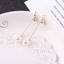 2 件水晶和珍珠装饰长款优雅耳环，无穿孔，高品质时尚夹式耳环，适合女性日常佩戴 - 金黃色 - 查看 4