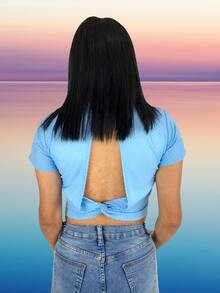 Crop top manga corta y espalda con nudo - Azul - Ver 4