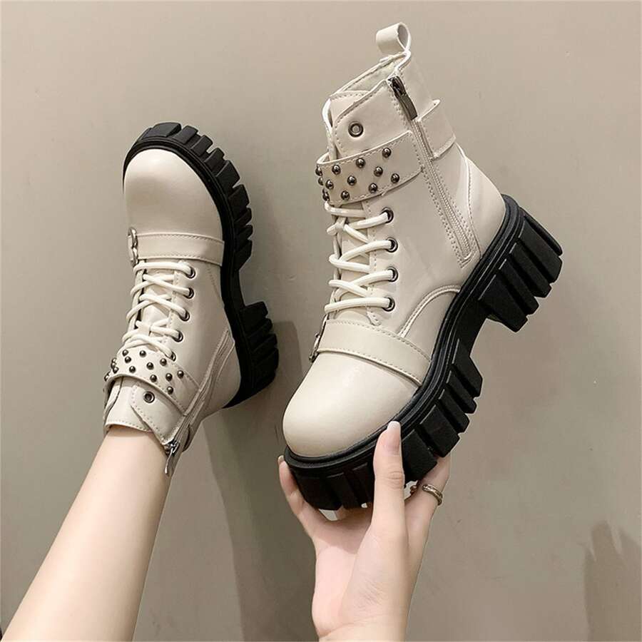 New Arrival Heart Shaped Decorated Side Zipper Fashionable Women's Boots For Autumn - Beige - View 1