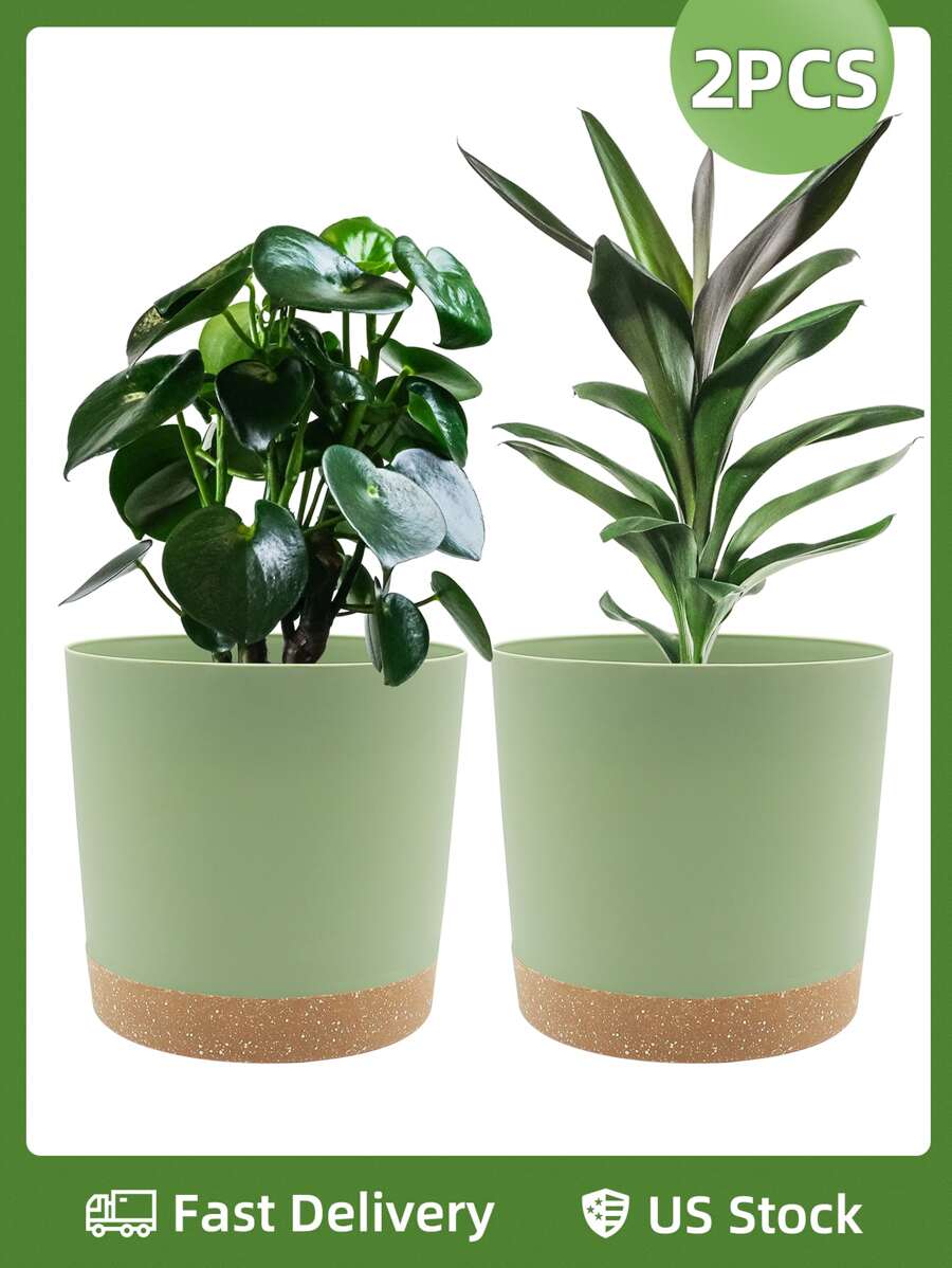 QCQHDU 花盆套裝 2入組 8 英寸，帶有排水孔和可拆卸底座的室內植物花盆，室外花園花盆的碟式現代裝飾（綠色）