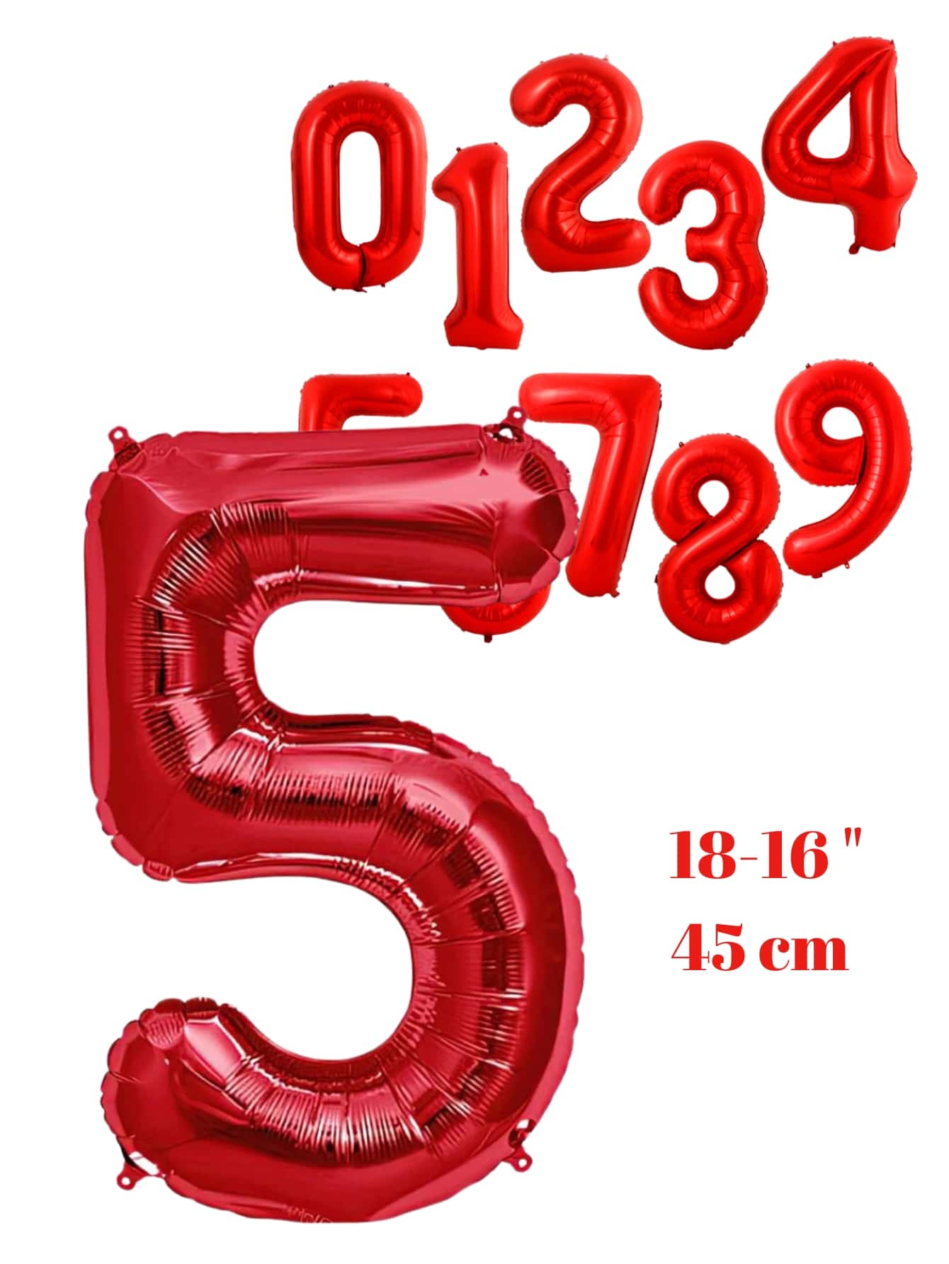 Metal Balloon Number Boy 16-18 Inches 45 Cm Choose Color - Red - View 1