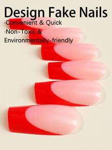 24pcs/Set Long Square Shaped False Nails With French Edge In Simple Red Style, Including 1pc Nail File & 1pc Jelly Glue Press On Nails Nail Supplies - Multicolor - View 3