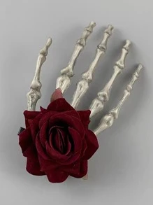 1件装暗黑万圣节骷髅爪侧夹头饰女孩哥特手骨小众个性化大幽灵爪玫瑰发夹 - 紅色 - 查看 5