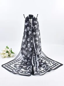 Street品牌1入組女士經典海盜骷髏圖案雪紡長絲巾 - 黑色 - 查看 2