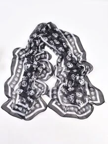 Street品牌1入組女士經典海盜骷髏圖案雪紡長絲巾 - 黑色 - 查看 3