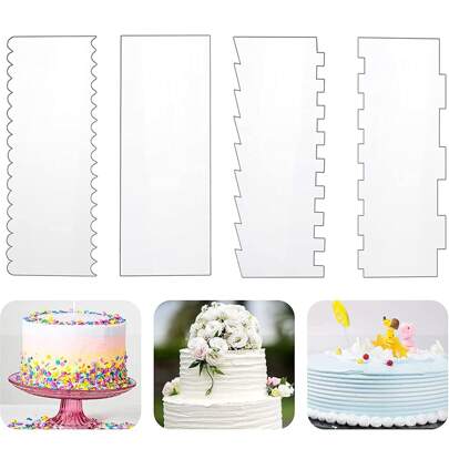 4Pcs/set Large Size Acrylic Cake Scraper Decorating Contour Comb Saw Tooth Cake Trim Smoother Tool Kitchen Pastry Cutter Decorating Cake Icing Smoother Buttercream Frosting Scraper Stripe Cake Comb Baking Gadget Kitchen Tools 24cmx10cm