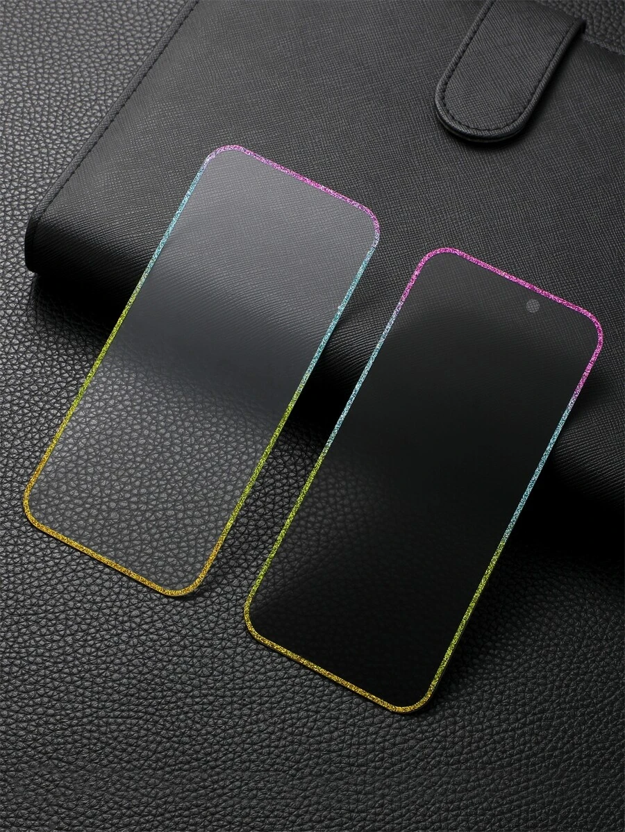 2pcs/set Rainbow Rhinestone Tempered Glass Screen Protector (1pc Clear & 1pc Privacy) Compatible With Iphone - Multicolor - View 1
