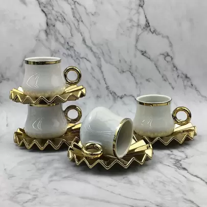 1set Including 1cup And 1saucer Ceramic Coffee Cup And Saucer Set For Espresso 100ml/3.3oz With Fan-Shaped Plate, Plated With Gold And Beige In Color Back To School