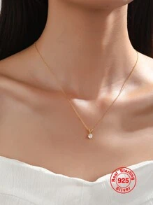 1入組純銀(S925)金色經典圓形方晶鋯石吊墜項鍊適合女士-優雅,多用途禮品