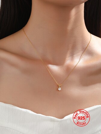 1入組純銀(S925)金色經典圓形方晶鋯石吊墜項鍊適合女士-優雅,多用途禮品