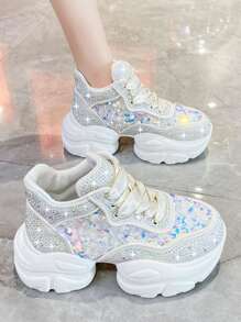 女性老爹鞋帶水鑽和亮片裝飾,防水台和防水鞋底,時尚素色PU皮革厚鞋底鞋 - 白色 - 查看 1