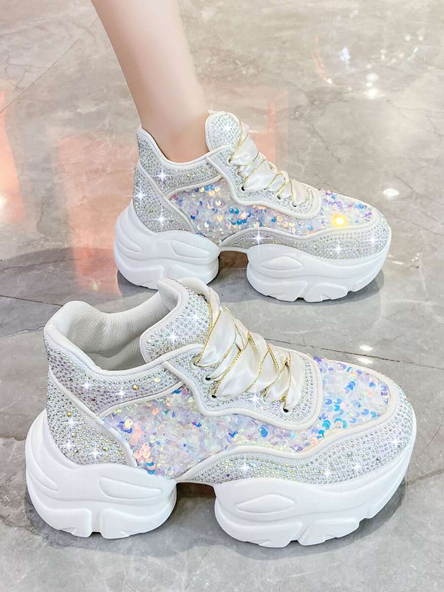 女性老爹鞋帶水鑽和亮片裝飾,防水台和防水鞋底,時尚素色PU皮革厚鞋底鞋 - 白色 - 查看 1