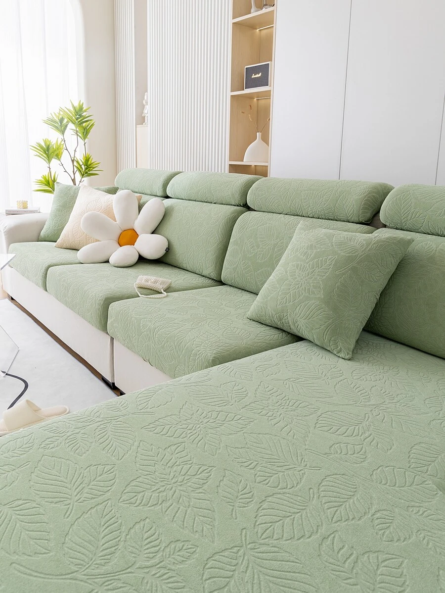 1入組通用四季絨面提花防滑沙發坐墊套,現代簡約寵物防護彈性沙發套,純色沙發套適用於l型組合沙發和1234人位沙發(分開售賣) - 綠色 - 查看 1