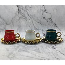 1 套，包括 1 个杯子和 1 个碟子，适用于浓缩咖啡的陶瓷咖啡杯碟套装，100 毫升/3.3 盎司，带扇形盘子，镀金色和米色，回到学校 - 米色 - 查看 6