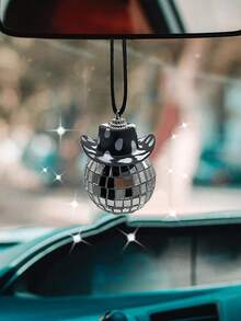1pc Car Rearview Mirror Decorative Pendant With Disco Ball And Cowboy Hat Design - Black and White - View 3