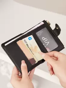 MIYIN 时尚简约 PU 皮革纯色鳄鱼压纹双折按扣女士钱包带卡槽带夹证件窗学生女孩旅行学校礼物礼物送给老师女士钱包钱包小钱包 - 黑色 - 查看 8