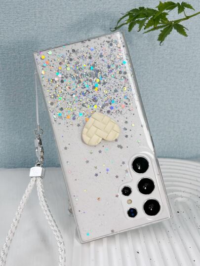 1pc White Anti-Fall Grid Heart Knitted Floral Wristband Tpu Dropping Glue Case With Diy Shiny Starry Sky Powder For Women, Compatible With Apple & Android Mobile Phone Case Protection,International Version, Not The Domestic Version