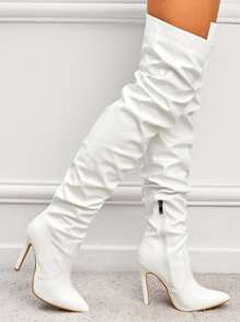 白色過膝尖頭高跟靴 - 白色 - 查看 3