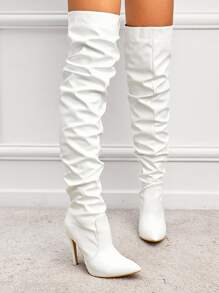 白色過膝尖頭高跟靴 - 白色 - 查看 2