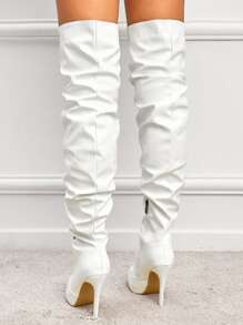 白色過膝尖頭高跟靴 - 白色 - 查看 4