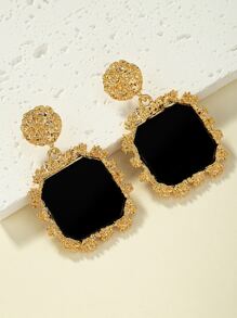 1對女性時尚方形幾何黑曜石耳環金邊 - 黑色 - 查看 2