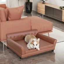 Extra Large Dog Sofa Bed: Dogs Indoor Raised Lounge Chaise Couches Made by Faux Leather - Big Fancy Doggy Furniture Style Beds Mattress Orthopedic for Giant Breed Brown,Christmas Gift to Pets - 40.2 英寸 x 28.3 英寸 x 15.7 英寸 - 查看 3