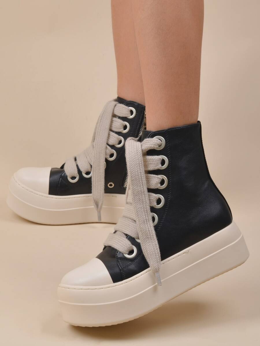 女性厚鞋底鞋帶背帶,設計師高幫運動鞋帶粗鞋帶,時尚防水台黑色運動鞋帶舒服的拉鍊踝靴